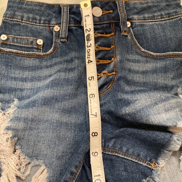 Indigo Rein Blue Denim Tiny High Waist Shorts Button Fly Juniors Size 00 EUC - Picture 12 of 14